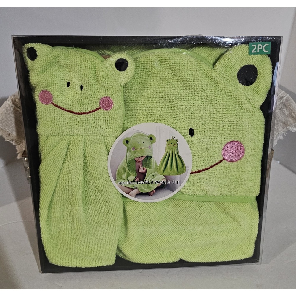 Toddler Frog Hoodie Towel And Washcloth Green